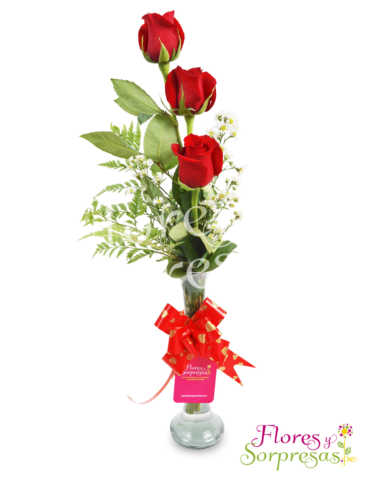 Florero con tres Rosas rojas Delivery Lima y Callao